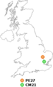 map showing distance between PE27 and CM21