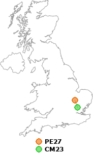 map showing distance between PE27 and CM23