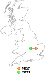 map showing distance between PE27 and CV23