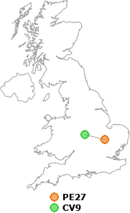 map showing distance between PE27 and CV9