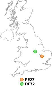 map showing distance between PE27 and DE72