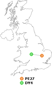 map showing distance between PE27 and DY4