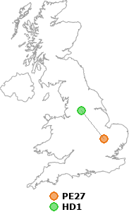 map showing distance between PE27 and HD1