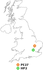 map showing distance between PE27 and HP2