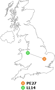 map showing distance between PE27 and LL14