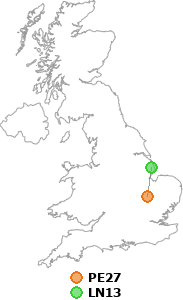 map showing distance between PE27 and LN13