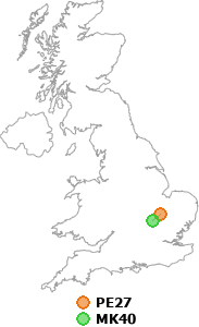 map showing distance between PE27 and MK40