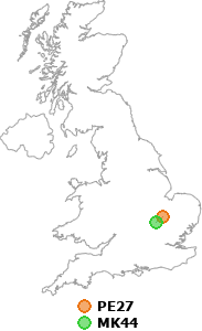 map showing distance between PE27 and MK44