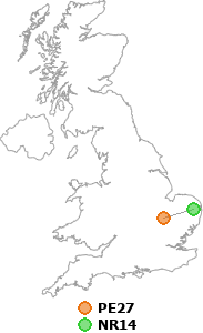 map showing distance between PE27 and NR14