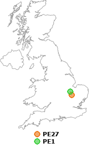 map showing distance between PE27 and PE1