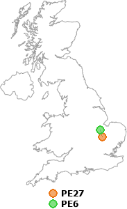 map showing distance between PE27 and PE6