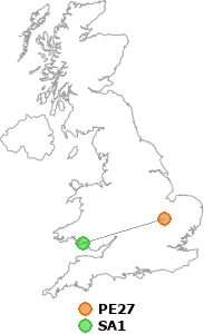 map showing distance between PE27 and SA1