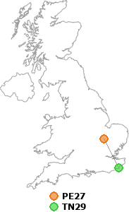 map showing distance between PE27 and TN29