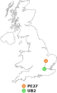 map showing distance between PE27 and UB2