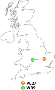 map showing distance between PE27 and WR9