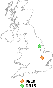 map showing distance between PE28 and DN15