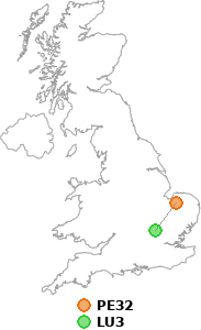 map showing distance between PE32 and LU3