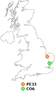 map showing distance between PE33 and CO6