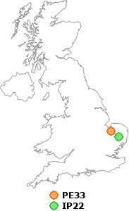 map showing distance between PE33 and IP22