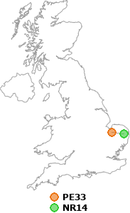 map showing distance between PE33 and NR14