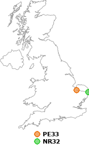 map showing distance between PE33 and NR32