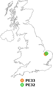 map showing distance between PE33 and PE32