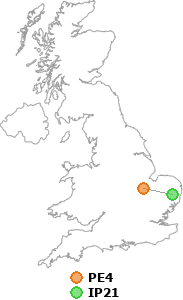 map showing distance between PE4 and IP21