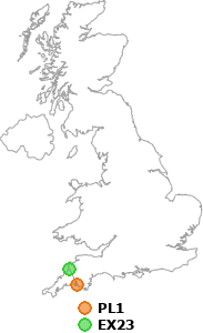 map showing distance between PL1 and EX23