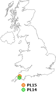 map showing distance between PL15 and PL14