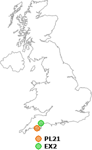 map showing distance between PL21 and EX2