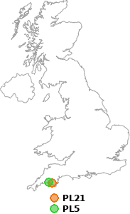 map showing distance between PL21 and PL5