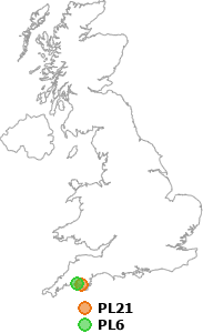 map showing distance between PL21 and PL6