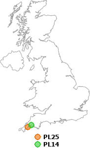 map showing distance between PL25 and PL14