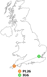 map showing distance between PL26 and IG6