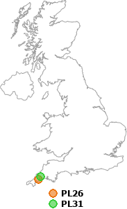 map showing distance between PL26 and PL31