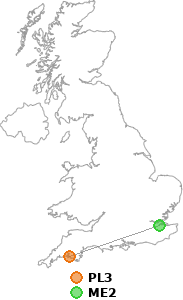 map showing distance between PL3 and ME2