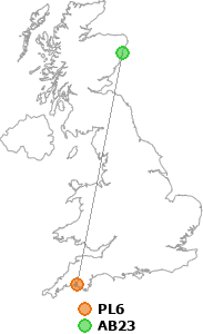 map showing distance between PL6 and AB23