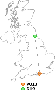 map showing distance between PO10 and DH9