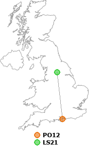 map showing distance between PO12 and LS21