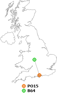 map showing distance between PO15 and B64