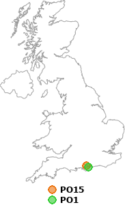 map showing distance between PO15 and PO1