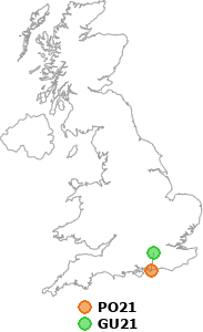 map showing distance between PO21 and GU21