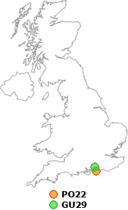 map showing distance between PO22 and GU29