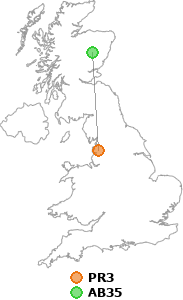 map showing distance between PR3 and AB35