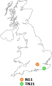 map showing distance between RG1 and TN21