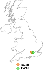 map showing distance between RG10 and TW18