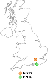 map showing distance between RG12 and BN16