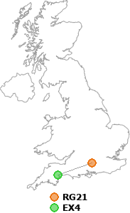 map showing distance between RG21 and EX4