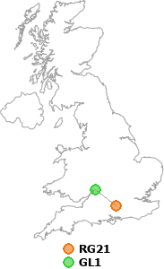 map showing distance between RG21 and GL1