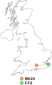 map showing distance between RG22 and CT2